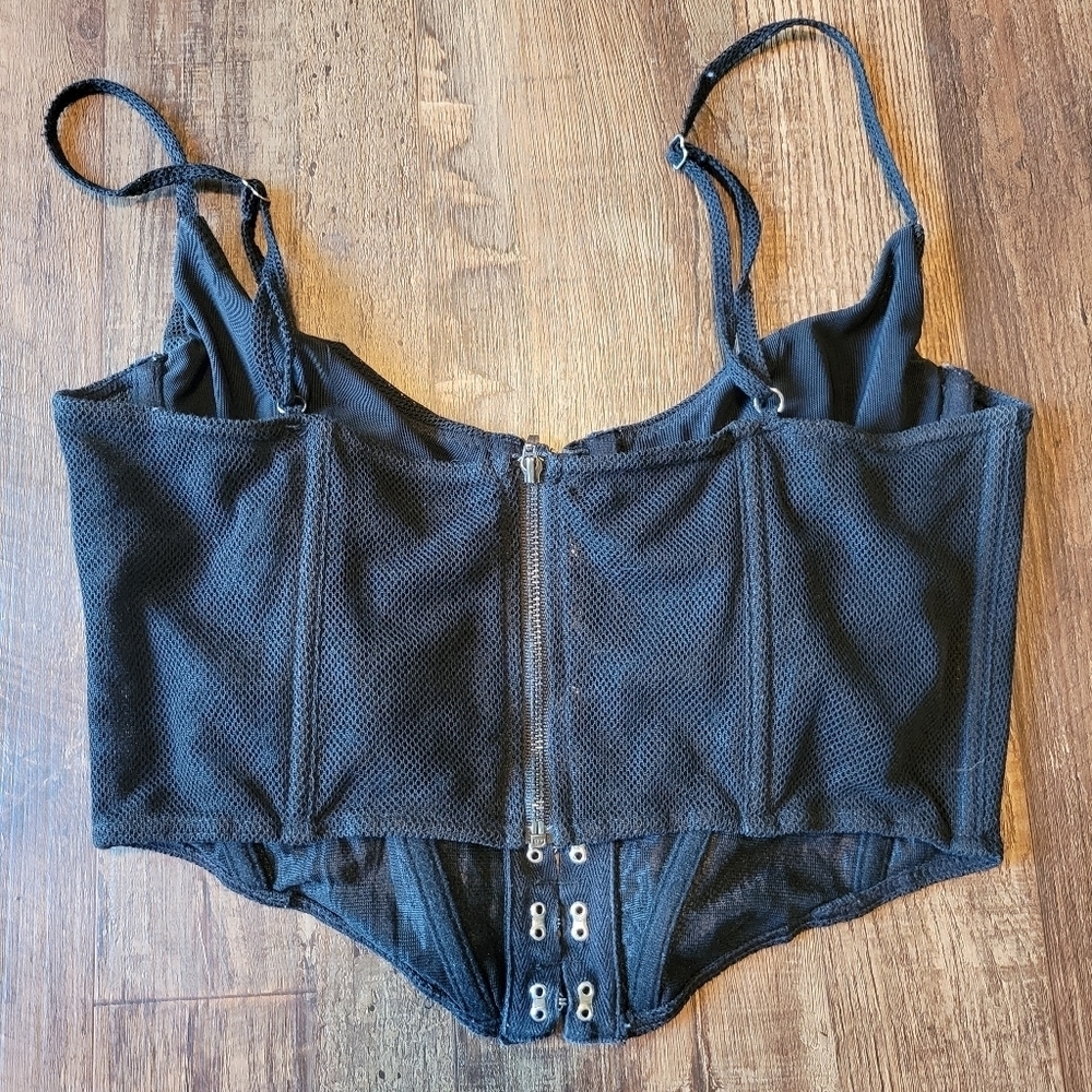 Black Mesh Corset Zip Up Bustier Bra Top - Picture 2 of 4